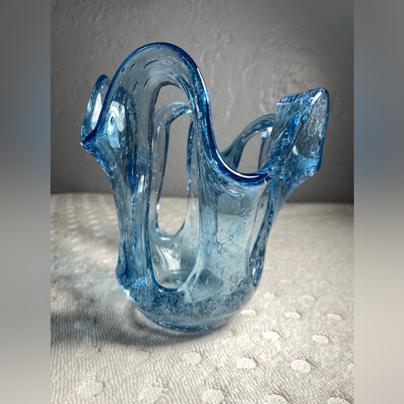 Vintage Blue Hand Blown Stretch Bubble Candle Art Glass Design Holder - Picture 1 of 11